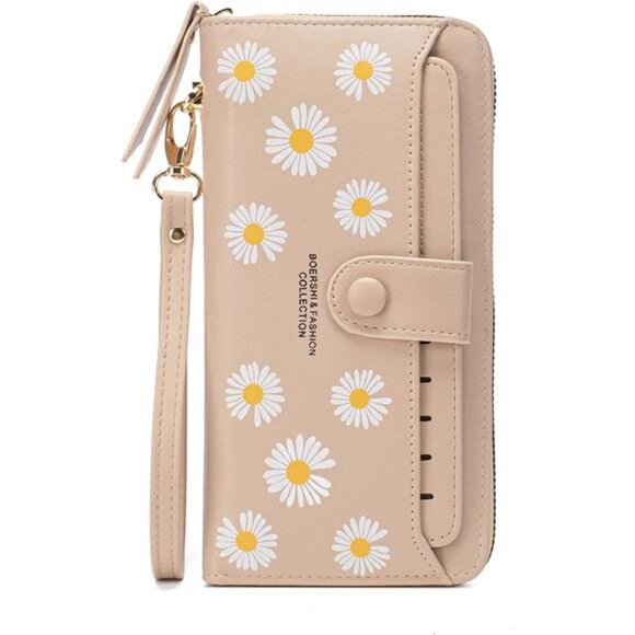Women Leather Wallet RFID Blocking Zipper Pocket Wallet Khaki(flower)
